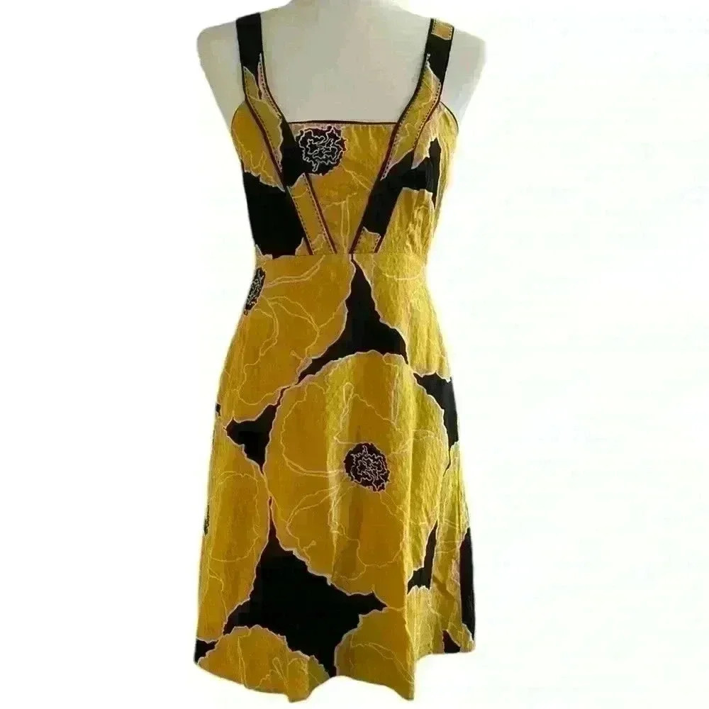 Anthropologie Moulinette Soeurs Silk Dress Black and Yellow Floral Size 2